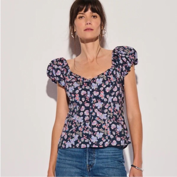 Nation LTD Angel Top Navy Midsummer sweetheart neckline bubble sleeve Sz XS NEW - Picture 2 of 15